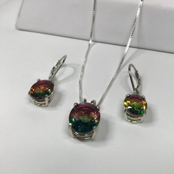 Beautiful Watermelon Tourmaline Quartz Necklace & Earrings Set - Picture 3 of 10